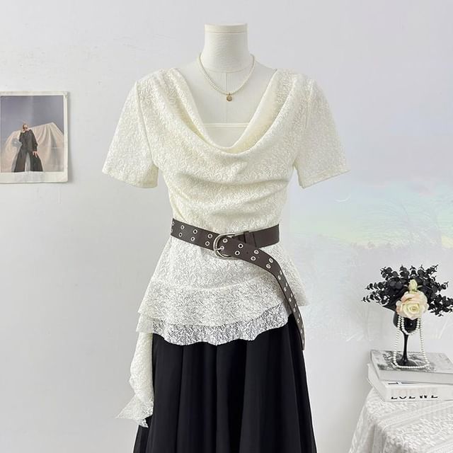 Short Sleeve Cowl Neck Plain Asymmetrical Mock Two Piece Lace Top