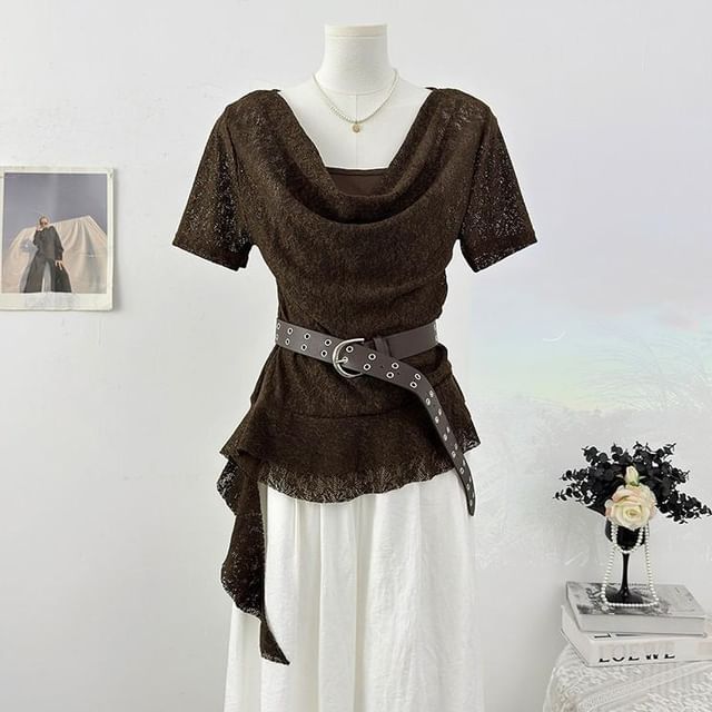 Short Sleeve Cowl Neck Plain Asymmetrical Mock Two Piece Lace Top