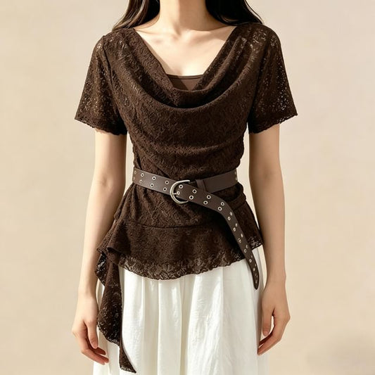 Short Sleeve Cowl Neck Plain Asymmetrical Mock Two Piece Lace Top
