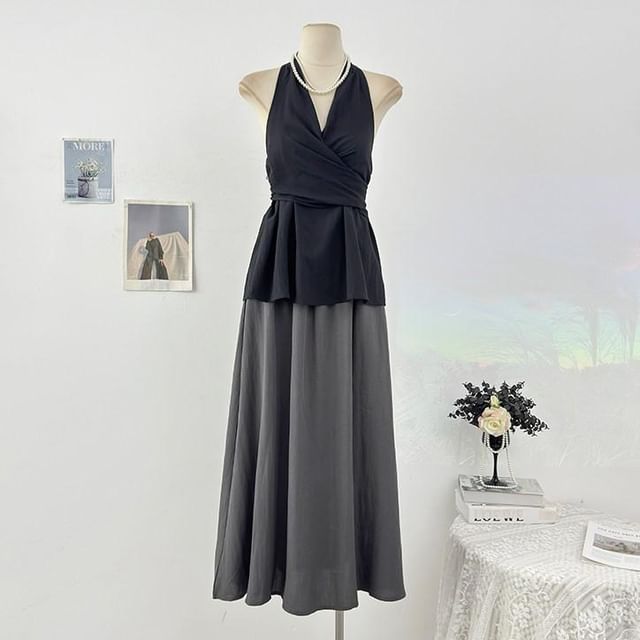Set: Halter Plain Tie-Up Top + Elastic Waist Melange Maxi A-Line Skirt