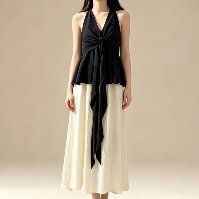 Set: Halter Plain Tie-Up Top + Elastic Waist Melange Maxi A-Line Skirt