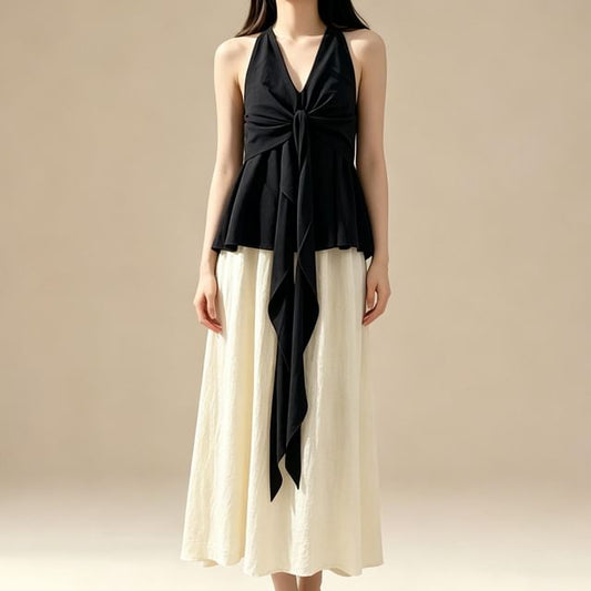 Set: Halter Plain Tie-Up Top + Elastic Waist Melange Maxi A-Line Skirt