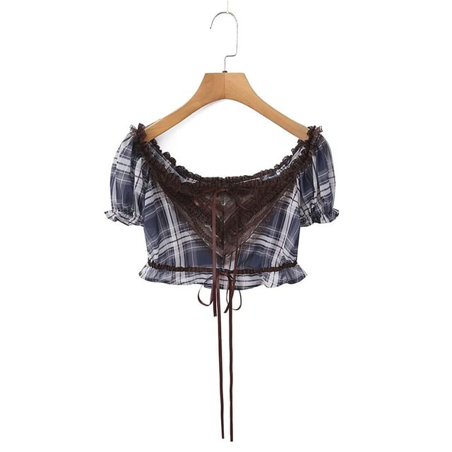 Puff-Sleeve Off-Shoulder Plaid Lace Panel Crop Top