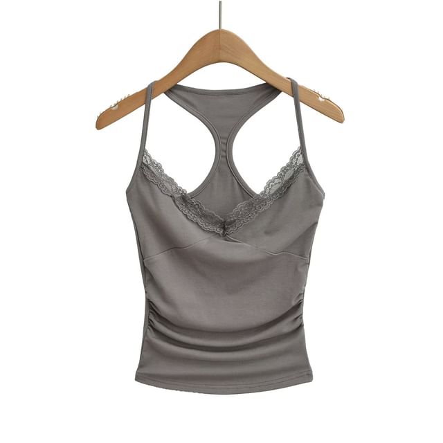 Halter V-Neck Lace Trim Ruched Racerback Crop Top