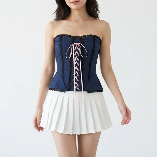 Lace Trim Lace-Up Crop Corset Tube Top