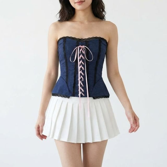 Lace Trim Lace-Up Crop Corset Tube Top