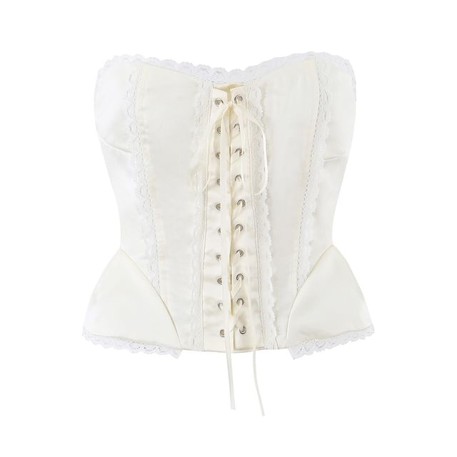 Lace Trim Lace-Up Crop Corset Tube Top