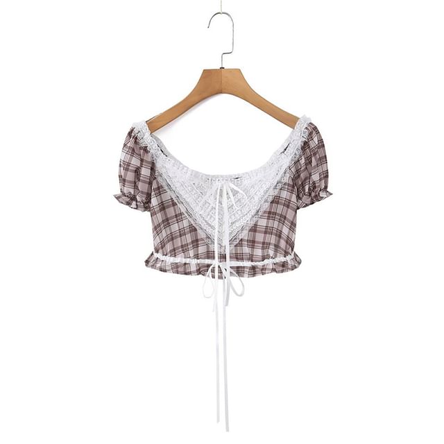 Puff-Sleeve Off-Shoulder Plaid Lace Panel Crop Top
