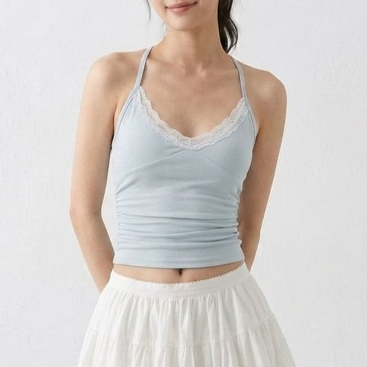 Halter V-Neck Lace Trim Ruched Racerback Crop Top