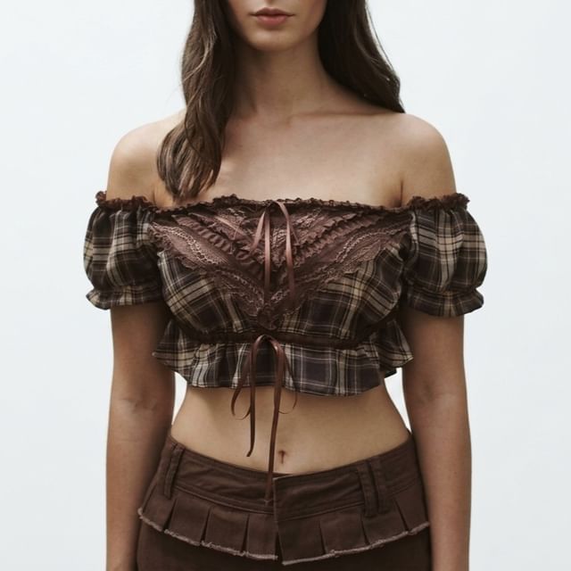 Puff-Sleeve Off-Shoulder Plaid Lace Panel Crop Top
