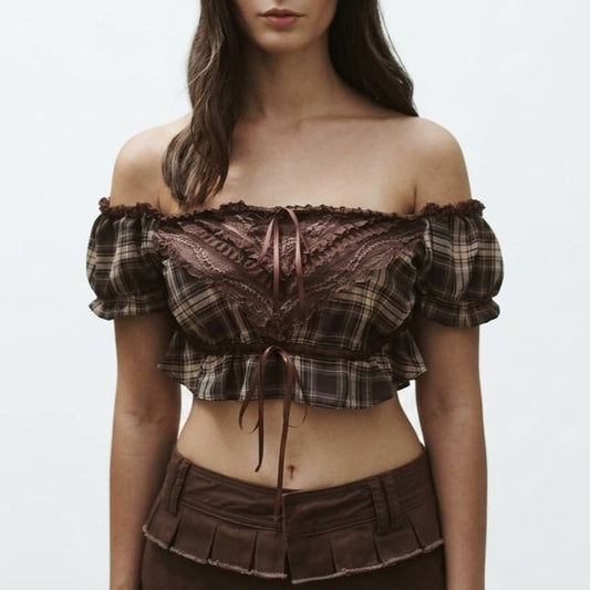 Puff-Sleeve Off-Shoulder Plaid Lace Panel Crop Top