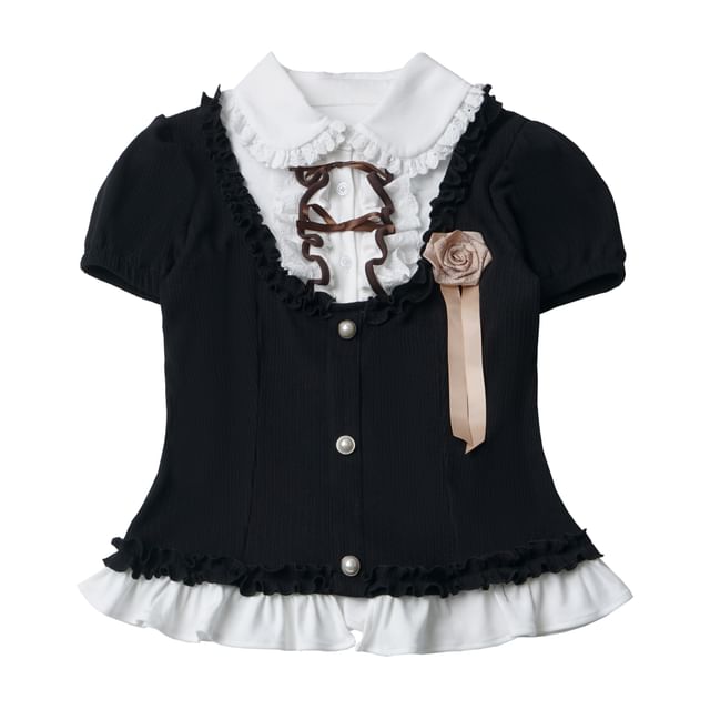 Short-Sleeve Collared Frill Trim Top / High Waist Mini Tiered Skirt