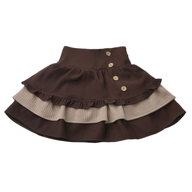 Short-Sleeve Collared Frill Trim Top / High Waist Mini Tiered Skirt