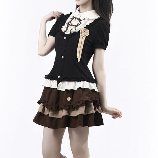 Short-Sleeve Collared Frill Trim Top / High Waist Mini Tiered Skirt