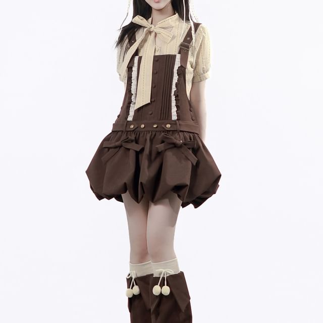 Short-Sleeve Striped Shirt / Sleeveless Lace Trim Mini Dress / Leg Warmer