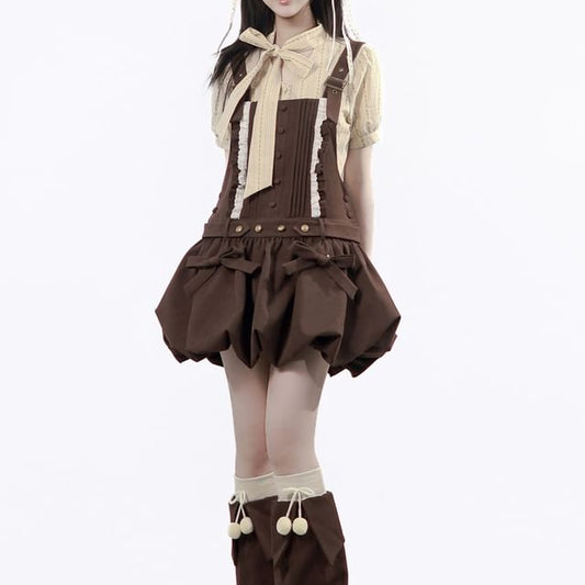 Short-Sleeve Striped Shirt / Sleeveless Lace Trim Mini Dress / Leg Warmer