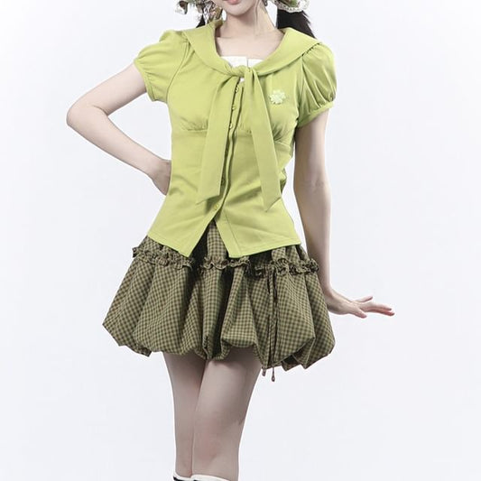 Short-Sleeve Crop Polo Shirt / Plaid Mini Skirt / Short-Sleeve Button-Up Top / Shorts