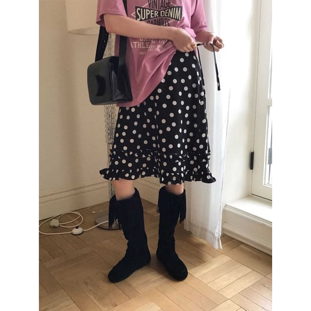 High Waist Polka Dot Frill Trim A-Line Skirt