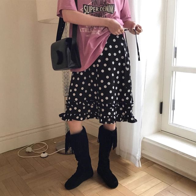 High Waist Polka Dot Frill Trim A-Line Skirt