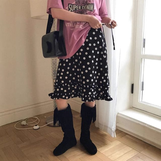 High Waist Polka Dot Frill Trim A-Line Skirt