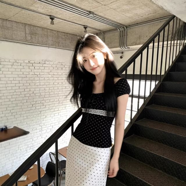 Scoop Neck Lace Panel Polka Dot Top