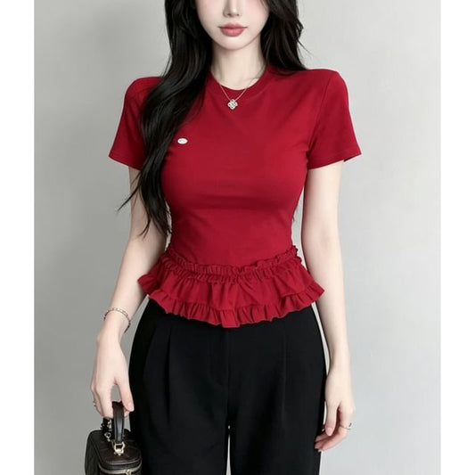 Crew Neck Ruffled Hem Slim Tee