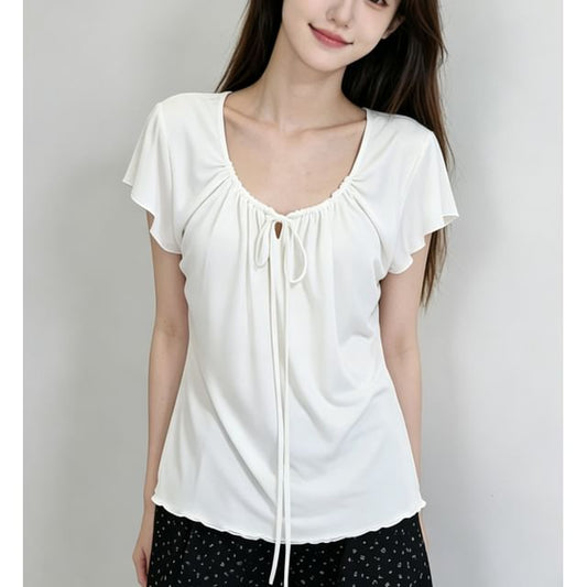 Scoop Neck Tie-Front Slim Top
