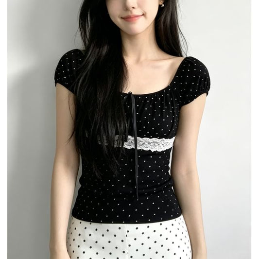 Scoop Neck Lace Panel Polka Dot Top