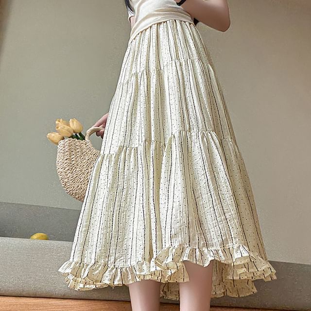 Elastic Waist Striped Dotted Tiered Ruffle Midi A-Line Skirt