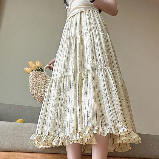 Elastic Waist Striped Dotted Tiered Ruffle Midi A-Line Skirt