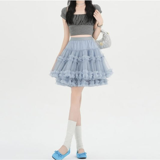 High Waist Plain Tiered Frill Mesh Mini A-Line Skirt