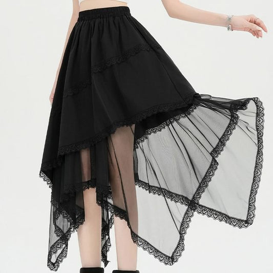 Elastic Waist Plain Asymmetrical Lace Trim Mesh Midi A-Line Skirt
