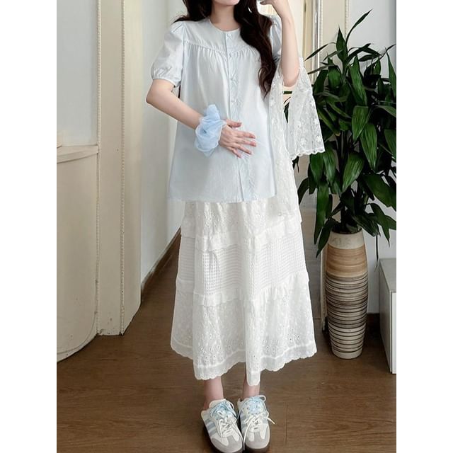 Maternity Short-Sleeve Round Neck Plain Blouse / Lace Scarf / Lace Midi A-Line Skirt / Set
