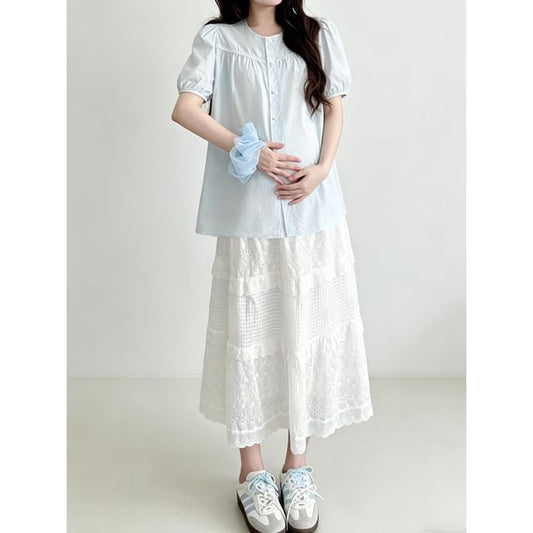 Maternity Short-Sleeve Round Neck Plain Blouse / Lace Scarf / Lace Midi A-Line Skirt / Set