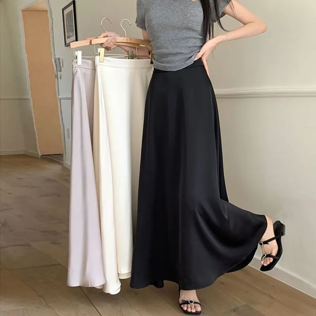 High Waist Plain Satin Maxi A-Line Skirt
