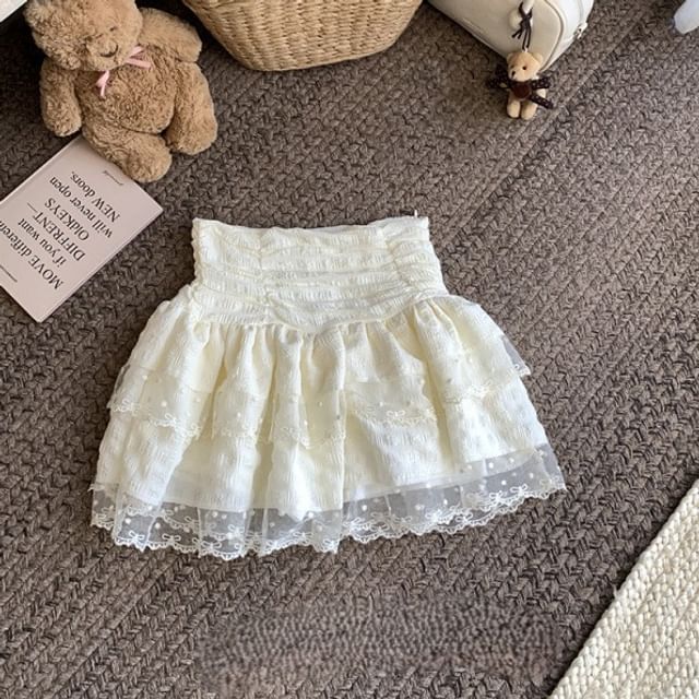 High Waist Lace Trim Ruched Mini A-Line Skirt