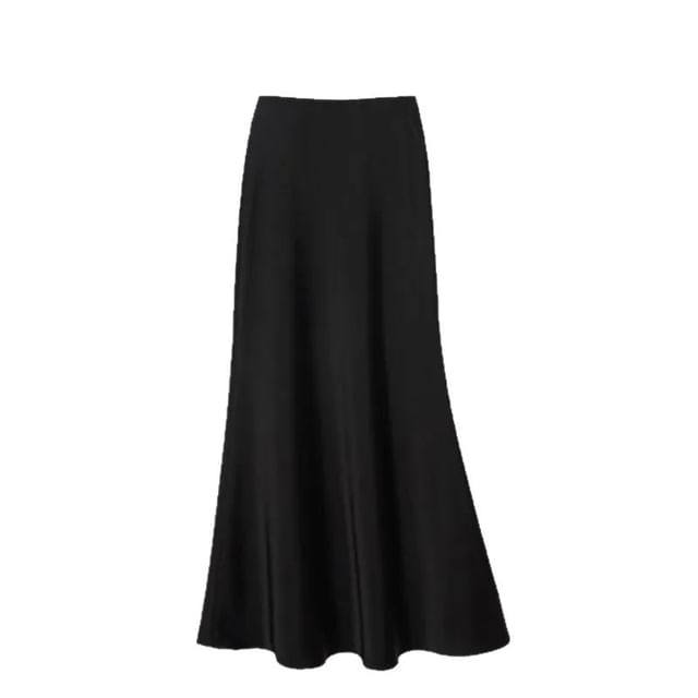 High Waist Plain Satin Maxi A-Line Skirt