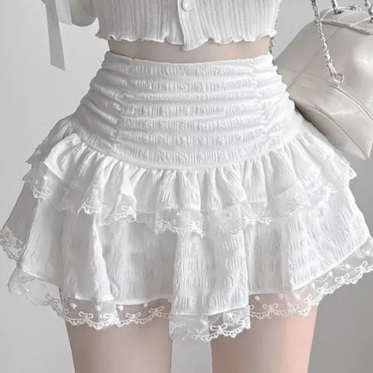High Waist Lace Trim Ruched Mini A-Line Skirt