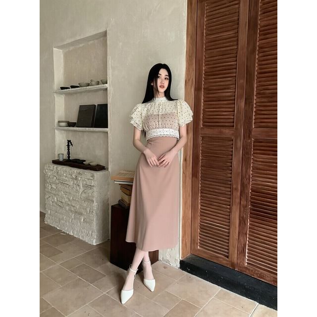 Set: Short Sleeve Stand Collar Blouse and Midi Skirt