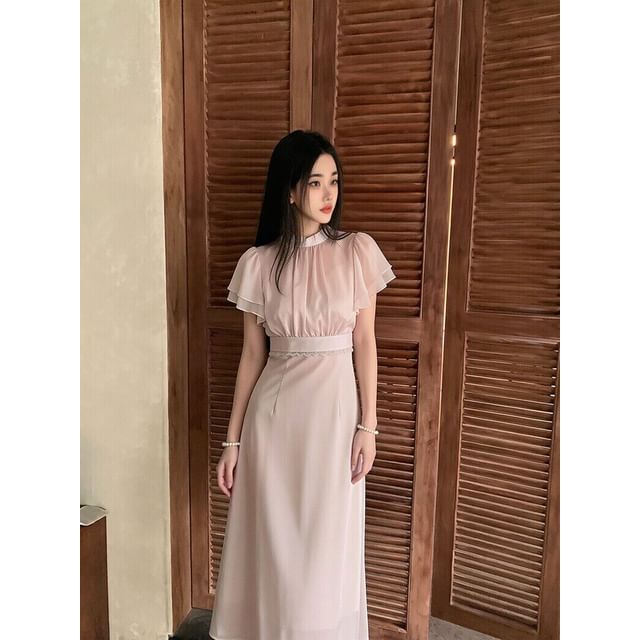 Set: Short-Sleeve Stand Collar Blouse + High Waist Midi Skirt