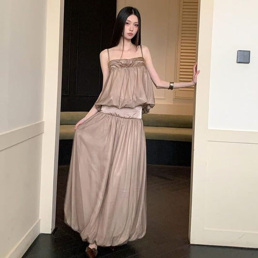Plain Camisole and High Waist Maxi A-Line Skirt Set