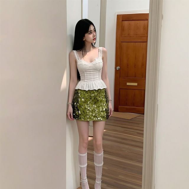 Sleeveless Plain Crop Top / Low Waist Sequined Mini Skirt