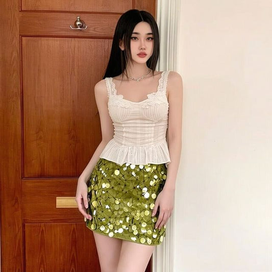 Sleeveless Crop Top and Sequined Mini Skirt Set