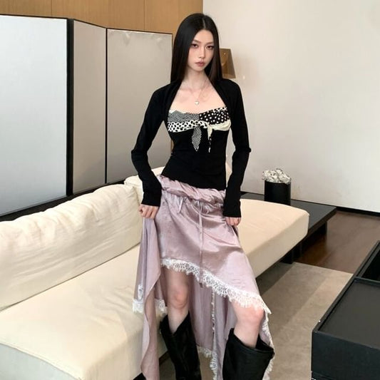 Queen Anne Neckline Crop Top and Asymmetrical Skirt Set