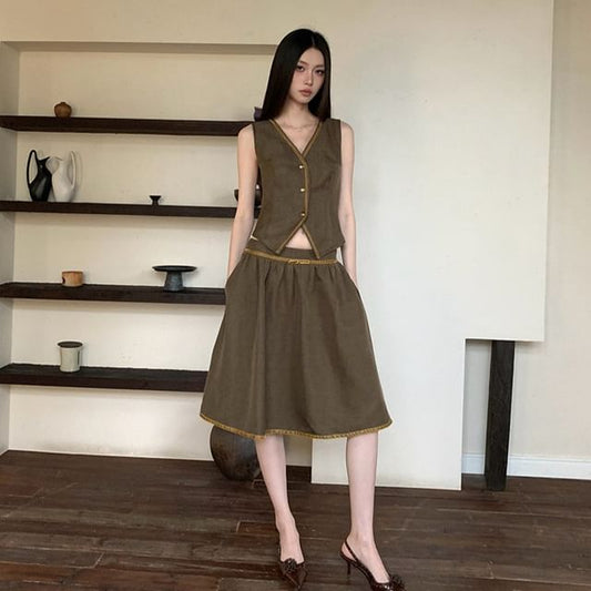 Sleeveless V-Neck Button-Up Top and A-Line Skirt Set