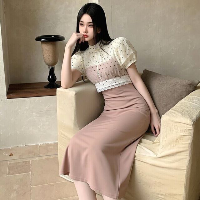 Set: Short-Sleeve Stand Collar Blouse + High Waist Midi Skirt