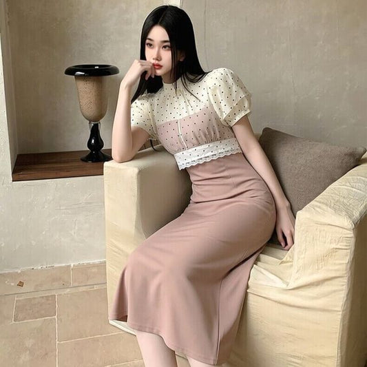 Set: Short Sleeve Stand Collar Blouse and Midi Skirt