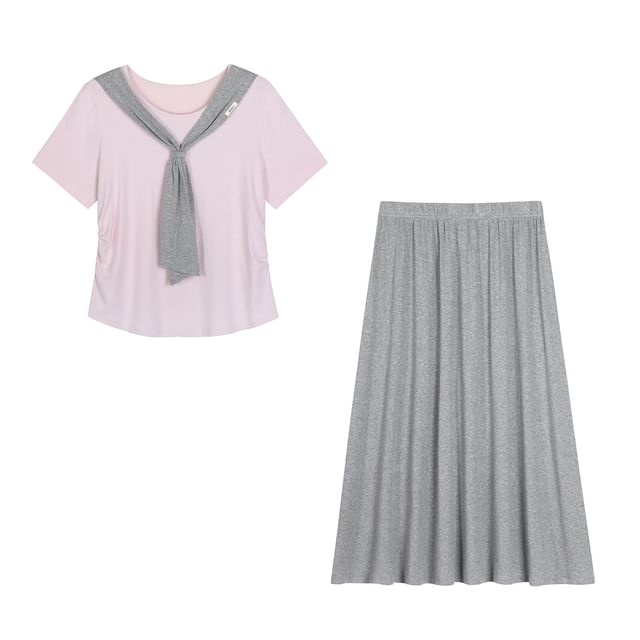 Set: Short-Sleeve Two-Tone Tie-Neck T-Shirt + High Waist Plain Midi A-Line Skirt