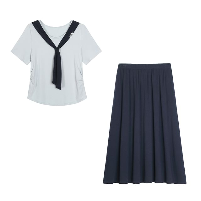 Set: Short-Sleeve Two-Tone Tie-Neck T-Shirt + High Waist Plain Midi A-Line Skirt