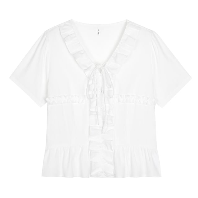 Short-Sleeve V-Neck Plain Ruffled Blouse / High Waist Midi A-Line Skirt
